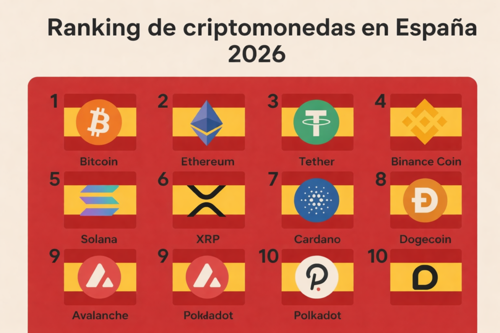 ranking-criptomonedas-espana-2026-bitcoin-ethereum-solana-cardano.png ranking de criptomonedas en España 2026 con Bitcoin Ethereum Tether Binance Coin Solana XRP Cardano y Dogecoin
