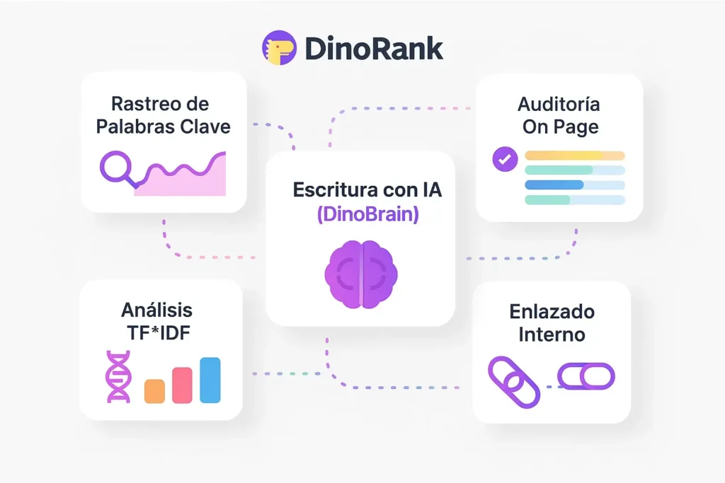 herramientas-dinorank Vista gráfica de los módulos principales de Dinorank: seguimiento de keywords, auditoría on-page, IA DinoBrain, TF*IDF y enlazado interno.