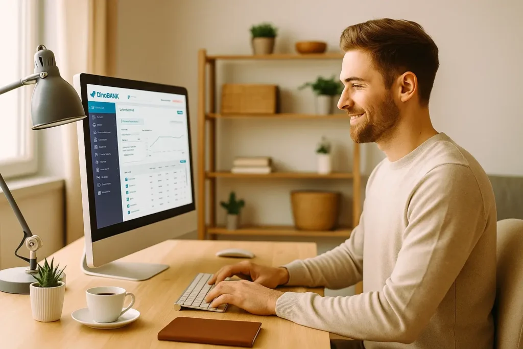mi experiencia con dinorank Freelancer utilizando Dinorank desde casa con una interfaz clara, representando simplicidad y control SEO.