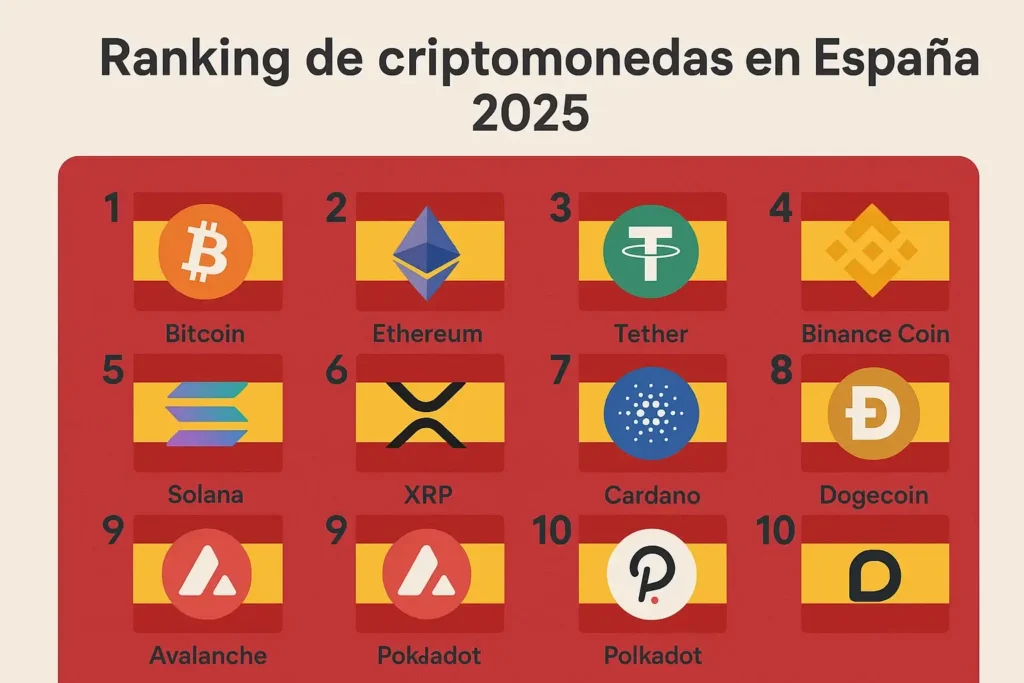 Infografía con el top 10 de criptomonedas más negociadas en España durante 2025