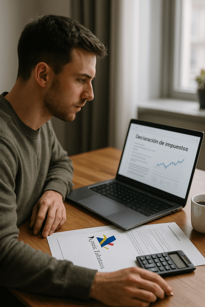 oven español declarando sus impuestos cripto en un portátil con documentos de la Agencia Tributaria sobre la mesa