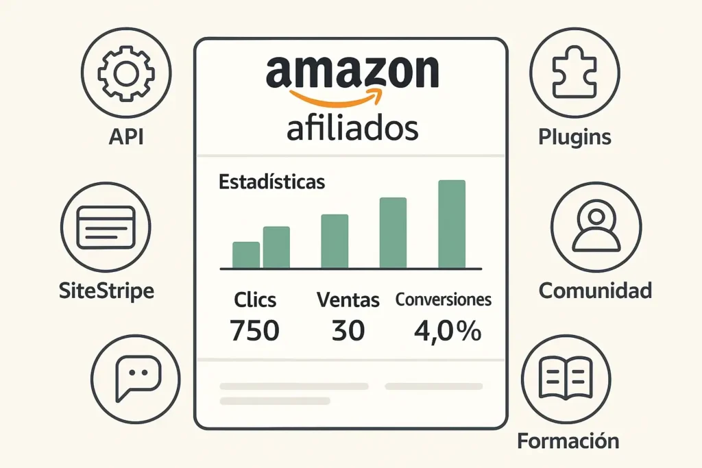 api Panel de herramientas del programa Amazon Afiliados mostrando enlaces, estadísticas, API y comunidad
