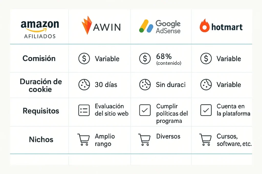 comparativa Comparativa visual de programas de afiliación en 2025: Amazon, Awin, AdSense y Hotmart