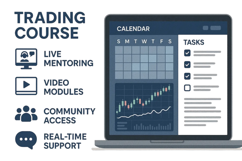 curso-trading-Photoroom Vista de una plataforma formativa de trading con módulos, calendario de sesiones en vivo y acceso a comunidad privada.
