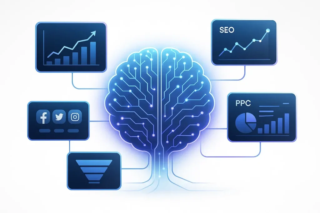 imagen1-estrategias-digitales-de-marketing Ilustración de estrategia digital de marketing conectando datos, SEO, redes y PPC