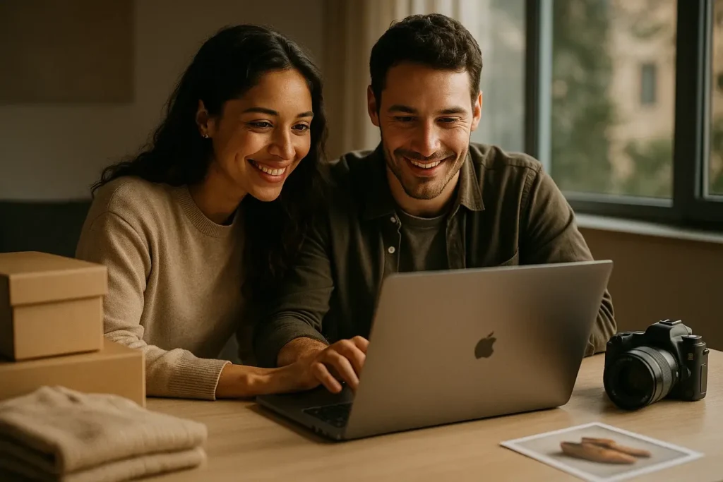 pareja trabajando la tienda online desde casa
