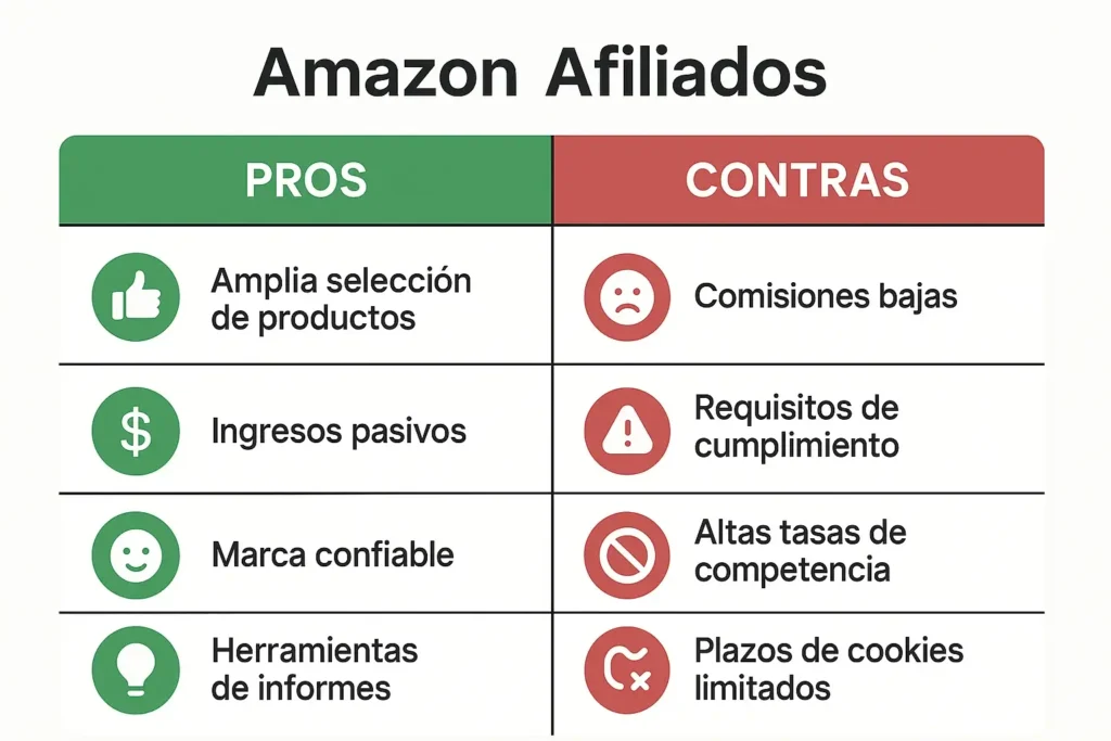 pros y contras Ventajas y desventajas reales del programa Amazon Afiliados en 2025 presentadas en tabla visual