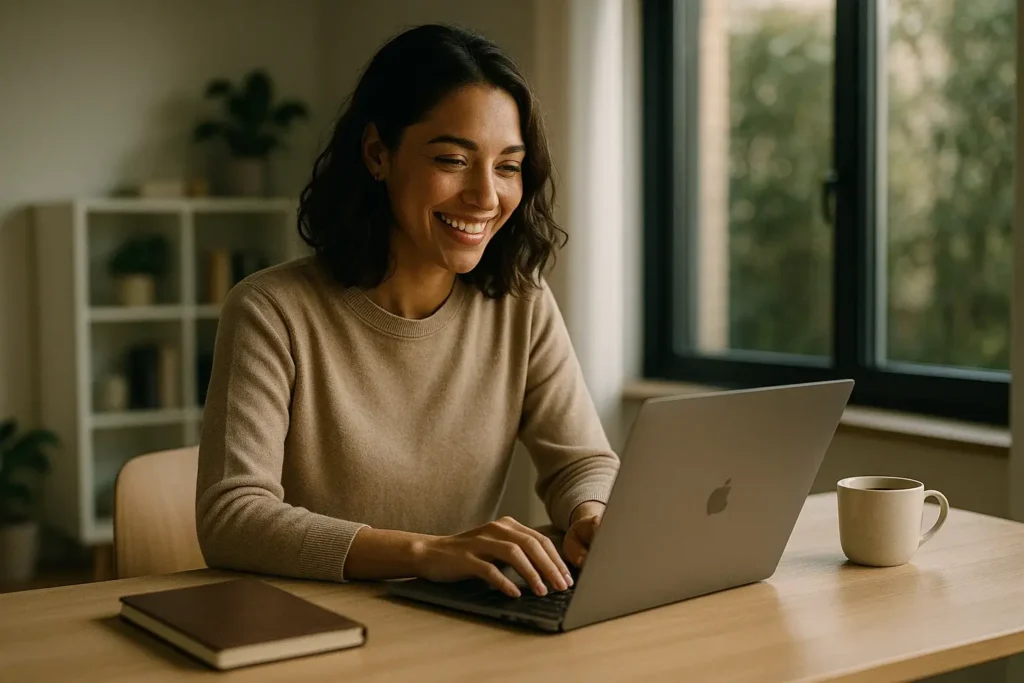 trabajo remoto chica haciendo trabajo remoto ganando un extra desde casa