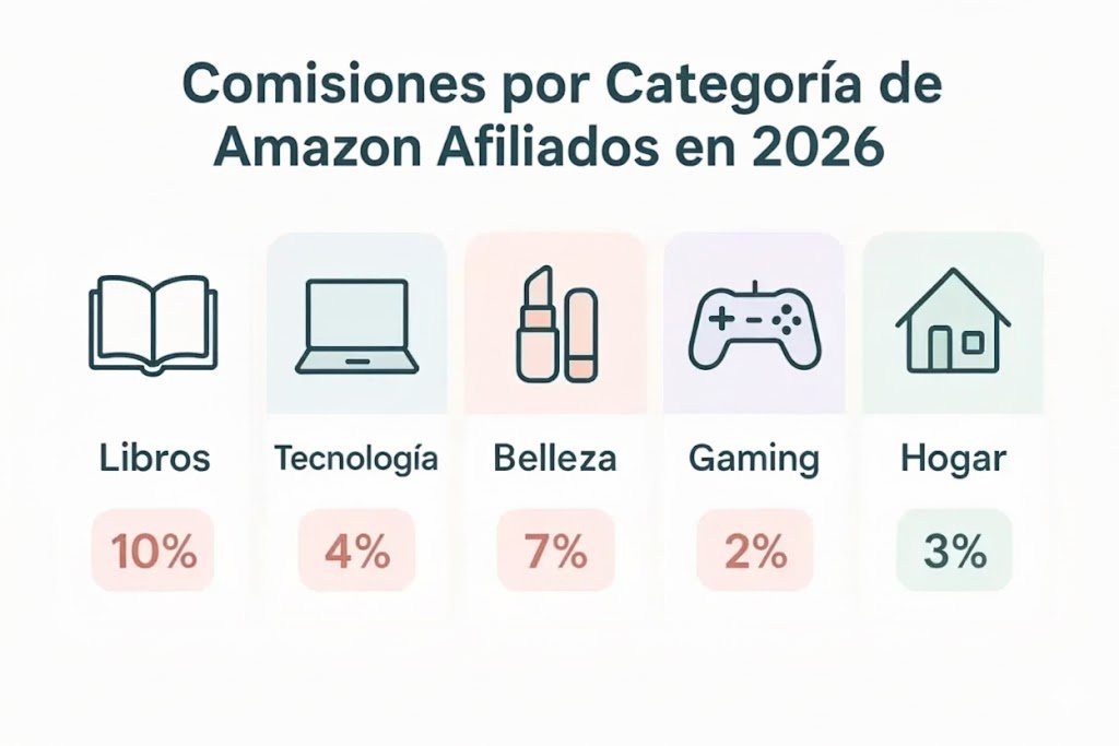comisiones-amazon-afiliados-2026-por-categorias-tabla.webp Infografía actualizada 2026 de comisiones por categoría de Amazon Afiliados: porcentajes para Libros, Tecnología, Belleza, Gaming y Hogar.