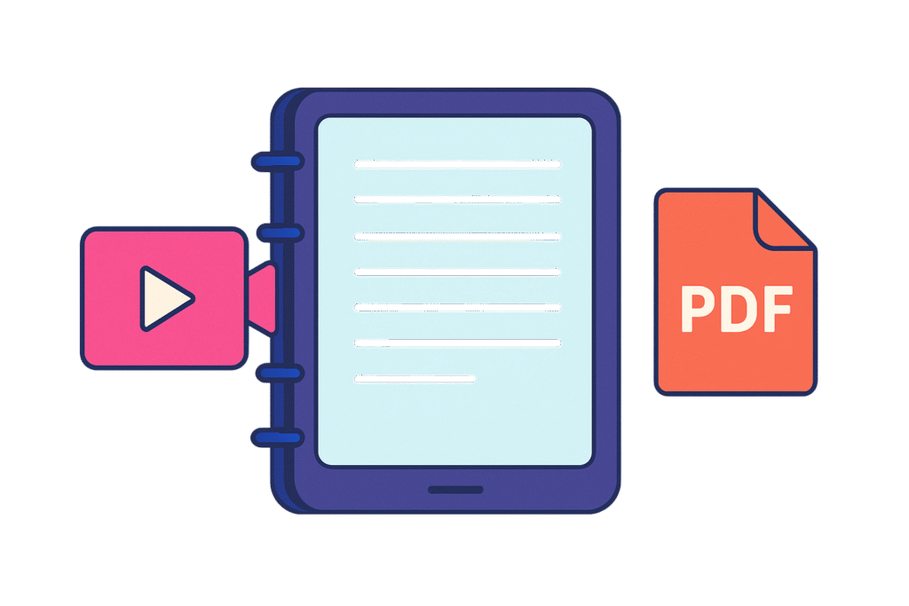clase-gratis Cuaderno digital con iconos de vídeo y PDF representando las clases y recursos gratuitos de Game Change