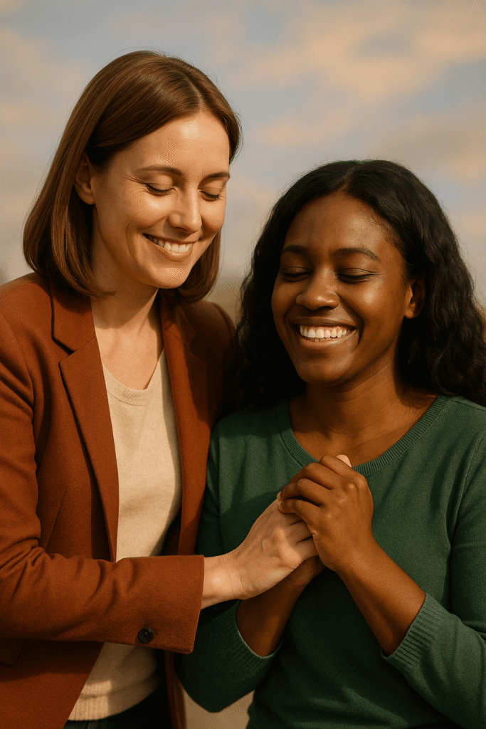 coach Mujer confía en su coach de vida durante una sesión de apoyo personal al aire libre, transmitiendo confianza, motivación y crecimiento personal