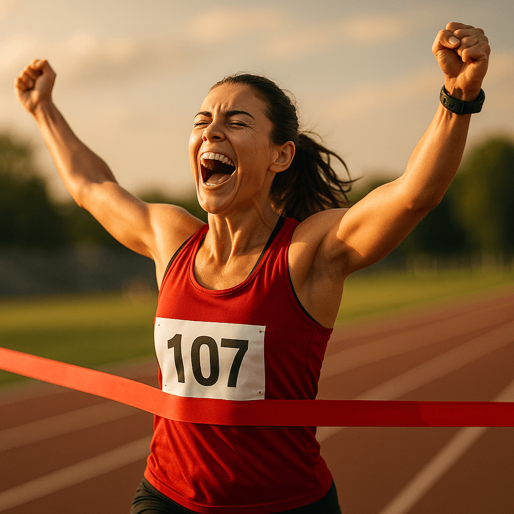 corredora-éxito Mujer corredora cruzando la línea de meta al amanecer con expresión de triunfo, simbolizando éxito, superación personal y logro de metas – imagen hiperrealista estilo fotográfico