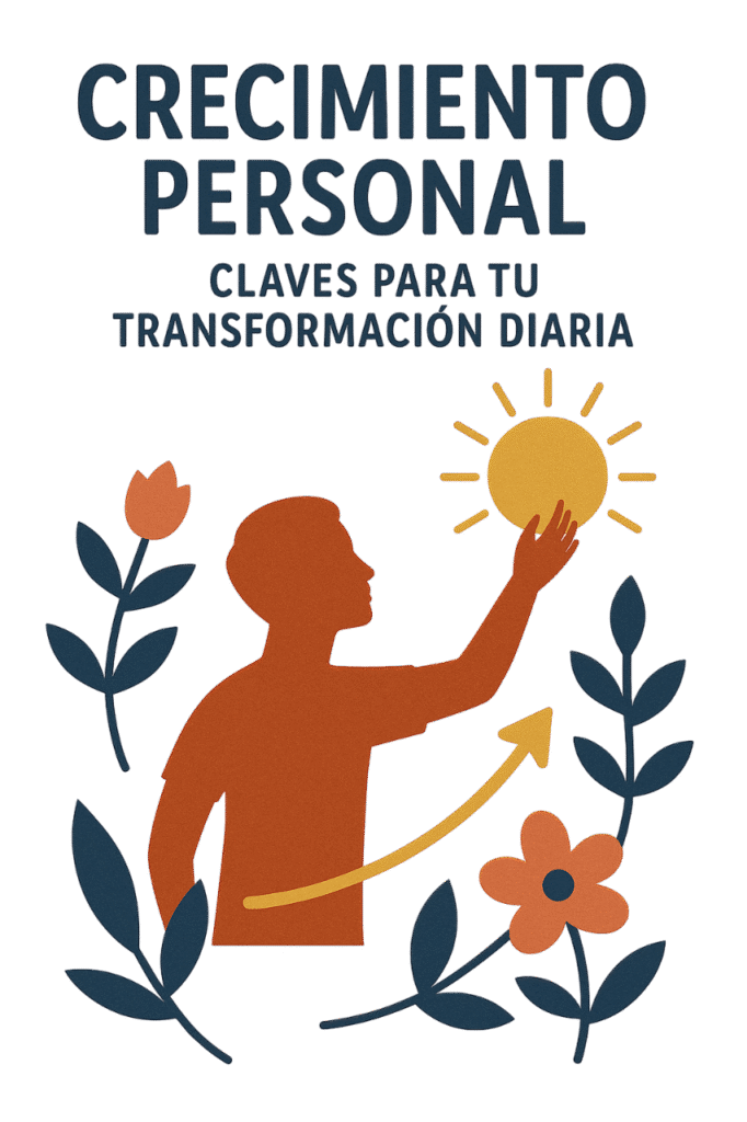 crecimiento personal-Photoroom Claves para tu transformación diaria, con ilustración minimalista de una persona alcanzando el sol, rodeada de hojas y flores que simbolizan desarrollo, motivación y superación personal.