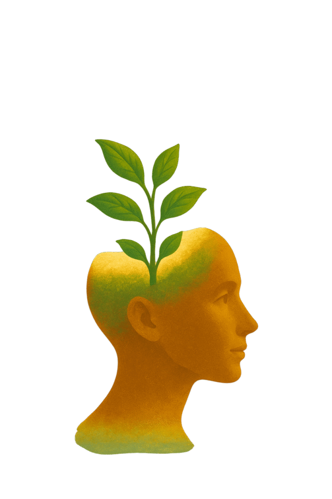 desarrollo personal-Photoroom Ilustración sobre la mentalidad de crecimiento y apertura al cambio, con una figura humana y una planta brotando de su cabeza, simbolizando esperanza, evolución personal y visión de futuro