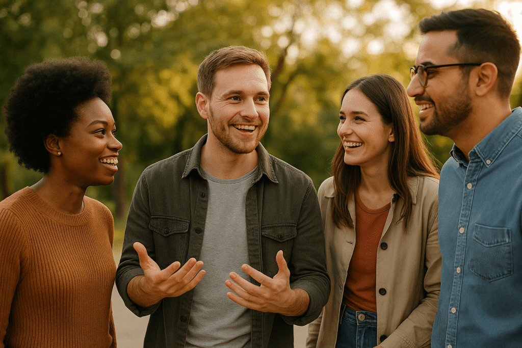 el papel del entorno Grupo de amigos conversando y apoyándose en un entorno natural al atardecer, simbolizando la importancia del entorno y las relaciones en el crecimiento personal, imagen fotográfica hiperrealista con luz cálida e inspiradora