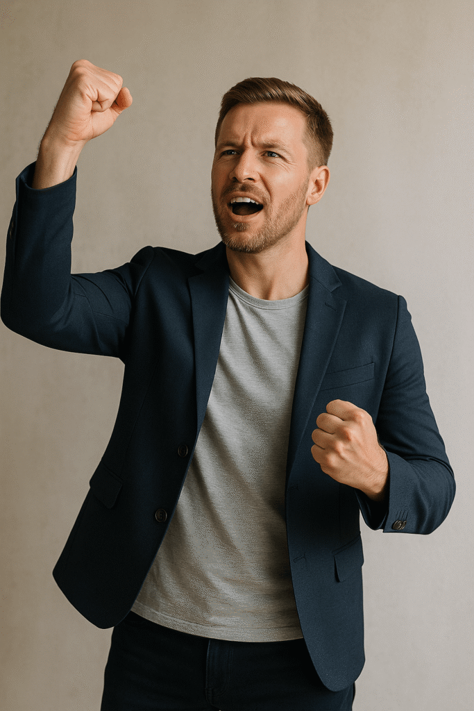 empoderamiento Hombre empoderado levantando el puño con expresión de emoción, firmeza y confianza, símbolo de superación personal y desarrollo interior, retrato hiperrealista con fondo neutro y luz cálida