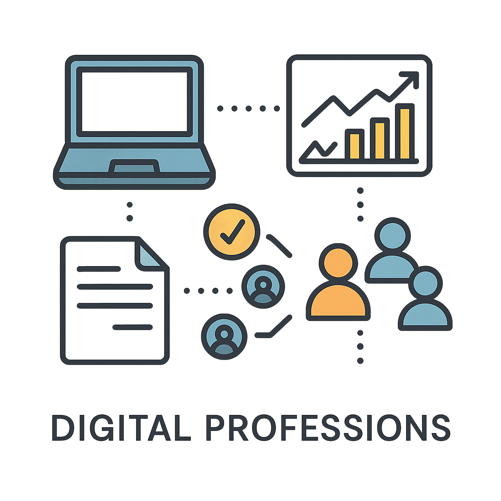 infografia-empleos (1) infografía de iconos de profesiones digitales que muestra posibles salidas laborales tras Game Change