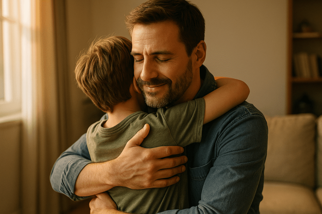 padre-hijo “Padre abrazando a su hijo con amor y motivación, transmitiendo apoyo y ánimo para luchar por los sueños, imagen fotográfica con luz cálida e hiperrealista