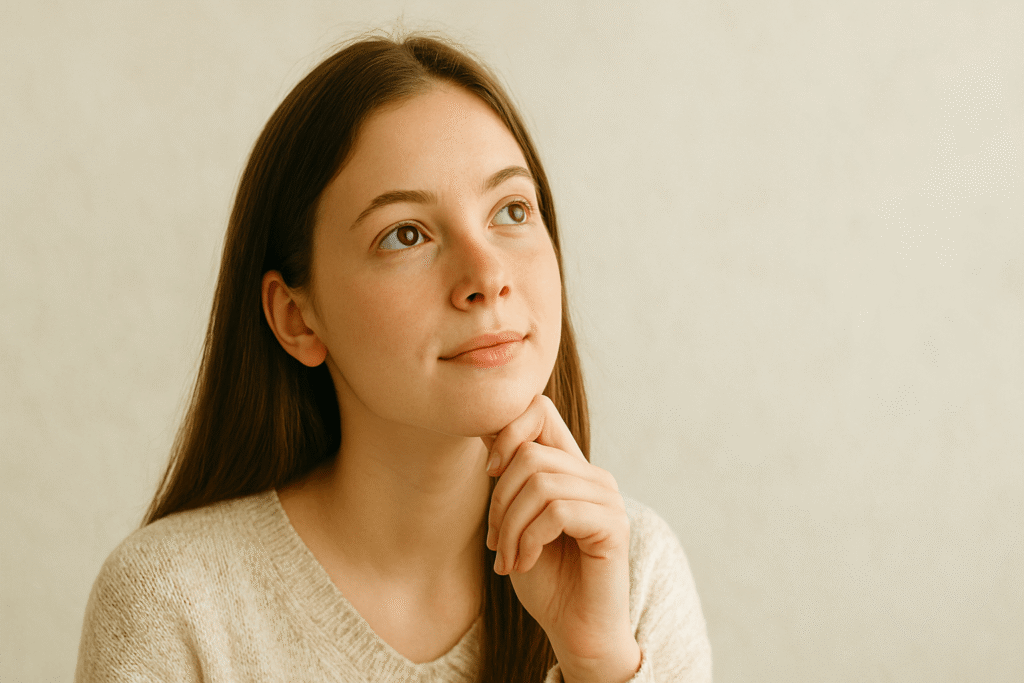 reflexión Joven mujer radiante iluminada por luz de mañana, mirando hacia la luz con esperanza y confianza, simbolizando descubrimiento personal y motivación interior