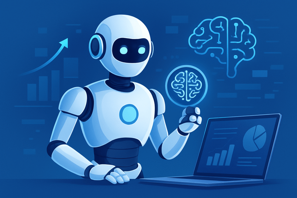 ChatGPT Image 19 nov 2025, 09_31_42 “Ilustración futurista de un robot de inteligencia artificial analizando datos en un ordenador, simbolizando las mejores herramientas de IA para marketing digital en 2025.”