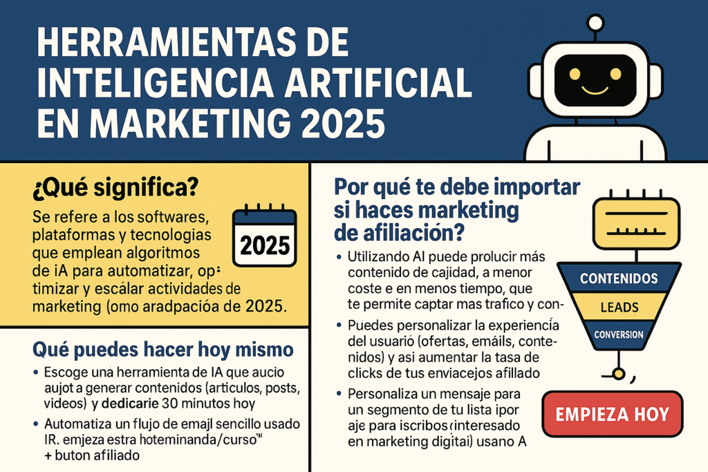 infografía1 “Infografía sobre las mejores herramientas de inteligencia artificial en marketing 2025, explicando qué son, por qué importan para el marketing de afiliación y acciones prácticas para empezar a usar IA en estrategias digitales.”