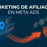 Ilustración que muestra el proceso de marketing de afiliación en Meta Ads, donde una campaña publicitaria de Meta se convierte en ingresos y crecimiento de ventas a través de enlaces de afiliados.