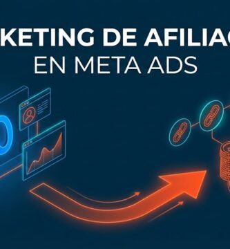 Ilustración que muestra el proceso de marketing de afiliación en Meta Ads, donde una campaña publicitaria de Meta se convierte en ingresos y crecimiento de ventas a través de enlaces de afiliados.