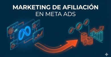 Ilustración que muestra el proceso de marketing de afiliación en Meta Ads, donde una campaña publicitaria de Meta se convierte en ingresos y crecimiento de ventas a través de enlaces de afiliados.