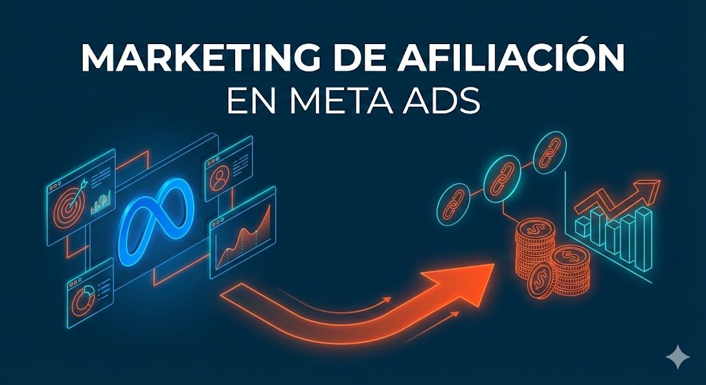 Ilustración que muestra el proceso de marketing de afiliación en Meta Ads, donde una campaña publicitaria de Meta se convierte en ingresos y crecimiento de ventas a través de enlaces de afiliados.
