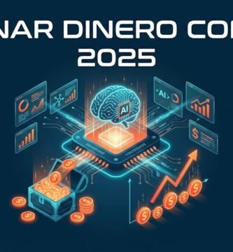 Ilustración isométrica donde un procesador central de Inteligencia Artificial (IA) genera flujos de ingresos automáticos, representados por monedas cayendo en un cofre y una gráfica financiera de rentabilidad ascendente, simbolizando las oportunidades para ganar dinero con tecnología en 2025.