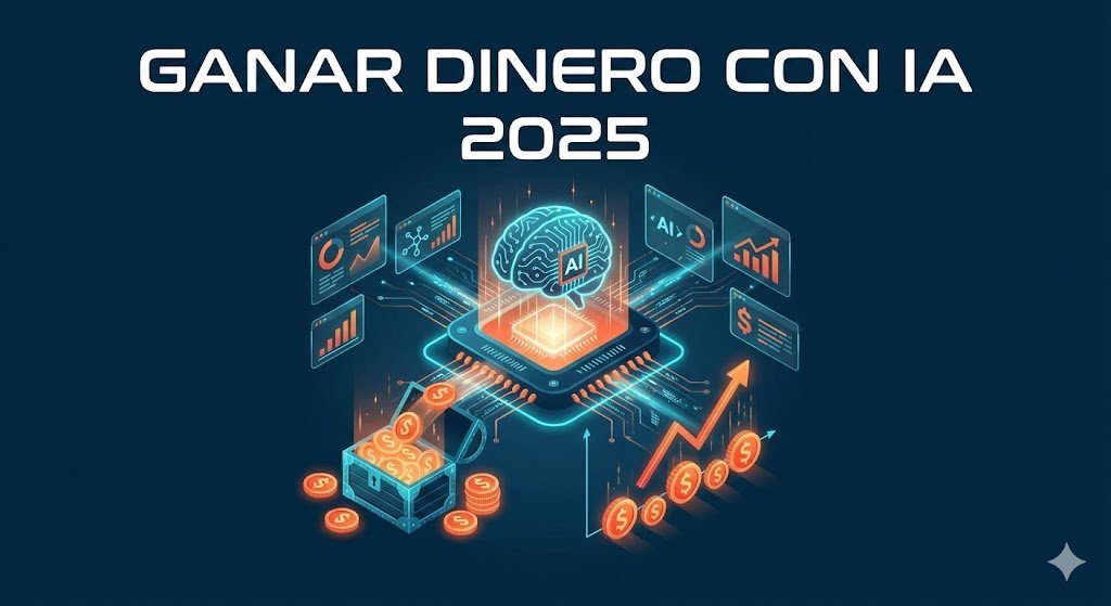 Ilustración isométrica donde un procesador central de Inteligencia Artificial (IA) genera flujos de ingresos automáticos, representados por monedas cayendo en un cofre y una gráfica financiera de rentabilidad ascendente, simbolizando las oportunidades para ganar dinero con tecnología en 2025.