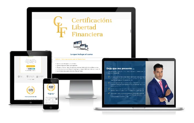 Pantallas de ordenador, tableta y móvil mostrando el curso "Certificación en Libertad Financiera (CLF)" de Pedro Castre, con una diapositiva de presentación del instructor.