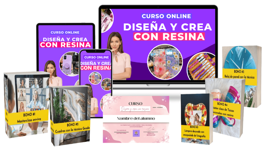 Mockup 3D del Curso Online Diseña y Crea con Resina Epóxica: visualización de oferta irresistible con 5 Bonos exclusivos (Técnica Geoda, Tazas, Lámparas), Masterclass en vivo y Certificado de finalización para emprendedores.