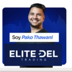Banner de marca personal con un retrato de Pako Thawani sonriendo sobre un fondo azul con gráficos financieros alcistas. La imagen contiene texto superpuesto que dice explícitamente "Soy Pako Thawani" y muestra el logotipo oficial de su academia de formación "ELITE DEL TRADING", especializada en scalping y operativa institucional.