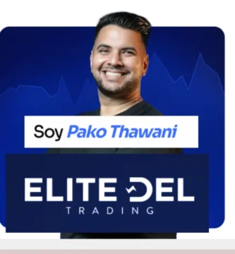 Banner de marca personal con un retrato de Pako Thawani sonriendo sobre un fondo azul con gráficos financieros alcistas. La imagen contiene texto superpuesto que dice explícitamente "Soy Pako Thawani" y muestra el logotipo oficial de su academia de formación "ELITE DEL TRADING", especializada en scalping y operativa institucional.