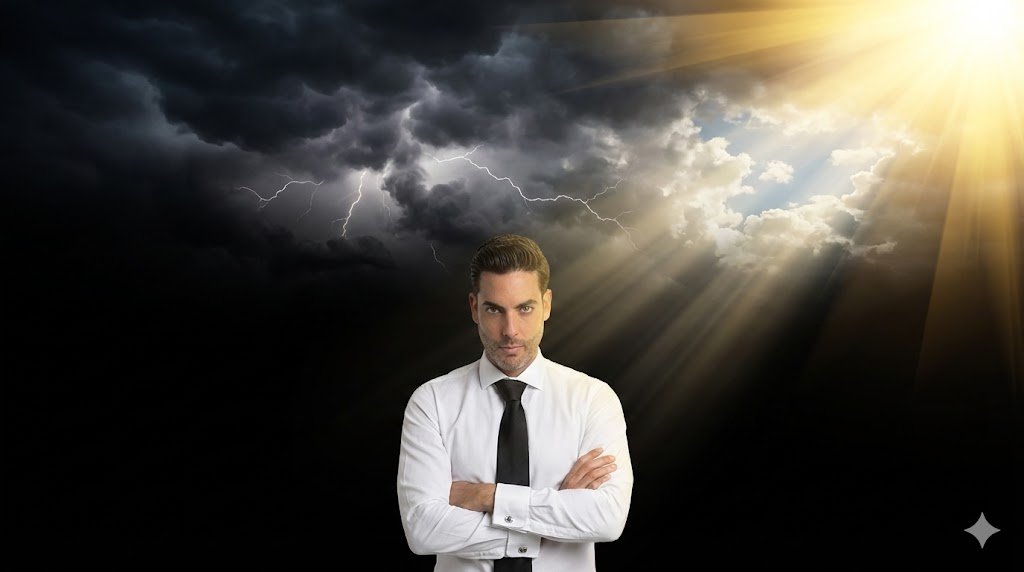 Pedro Castre, coach financiero, con brazos cruzados y actitud de autoridad en el centro, bajo una tormenta oscura que se disipa por rayos de sol, simbolizando la claridad mental y el éxito en inversiones tras la incertidumbre