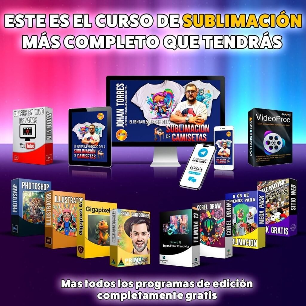 Pack completo del curso El Rentable Negocio de la Sublimación de Johan Torres: Incluye mentorías, Photoshop, Illustrator, Corel Draw y programas de edición gratis.