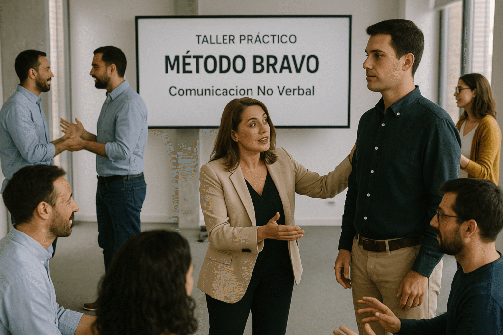 contenido Sesión de taller práctico del curso Método Bravo donde los alumnos entrenan oratoria y lenguaje no verbal