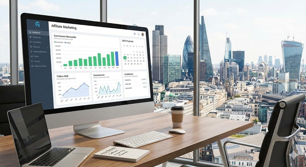 dashboard-marketing-afiliados-2025-proyectos-online-rentables Fotografía realista de un espacio de trabajo profesional donde un monitor principal muestra un panel de control de marketing de afiliados con métricas de crecimiento de "Comisiones Mensuales" y tráfico para "2025 Proyectos". Sobre el escritorio, una libreta abierta detalla apuntes sobre nichos rentables: Software, E-learning y Finanzas.