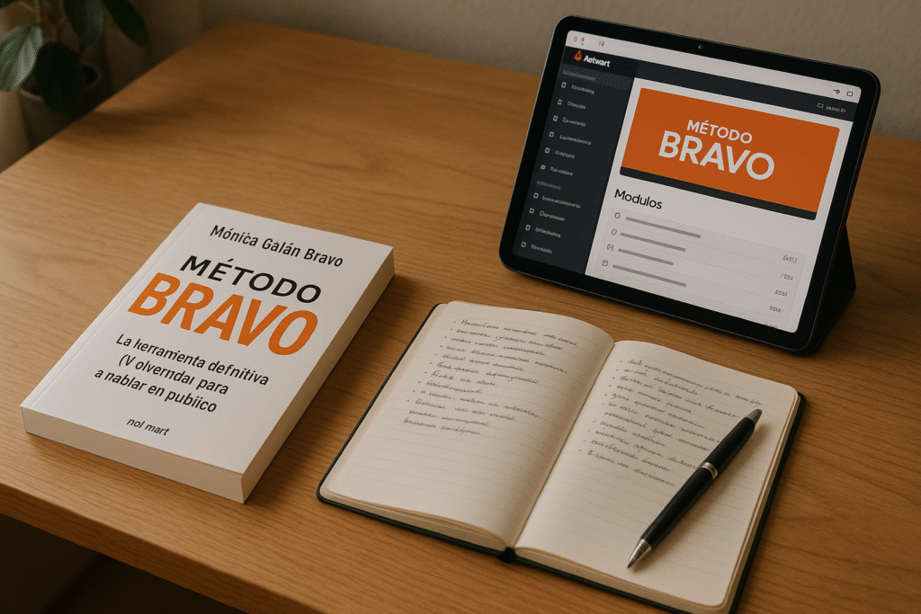 libro y curso de método bravo Libro físico Método Bravo de Mónica Galán junto a una tablet mostrando el curso online en Hotmart y una libreta de apuntes