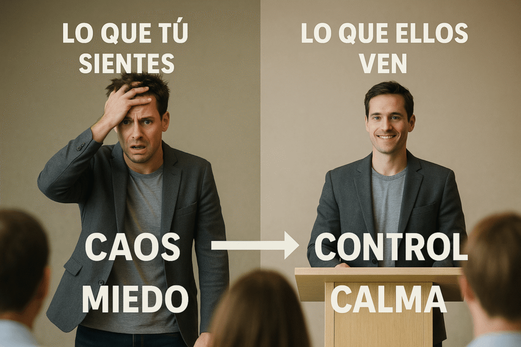 Infografía fotográfica sobre el miedo a hablar en público: a la izquierda un orador nervioso con gesto de caos y miedo, y a la derecha el mismo hombre hablando con calma y control ante el público, conectados por una flecha con la palabra técnica.