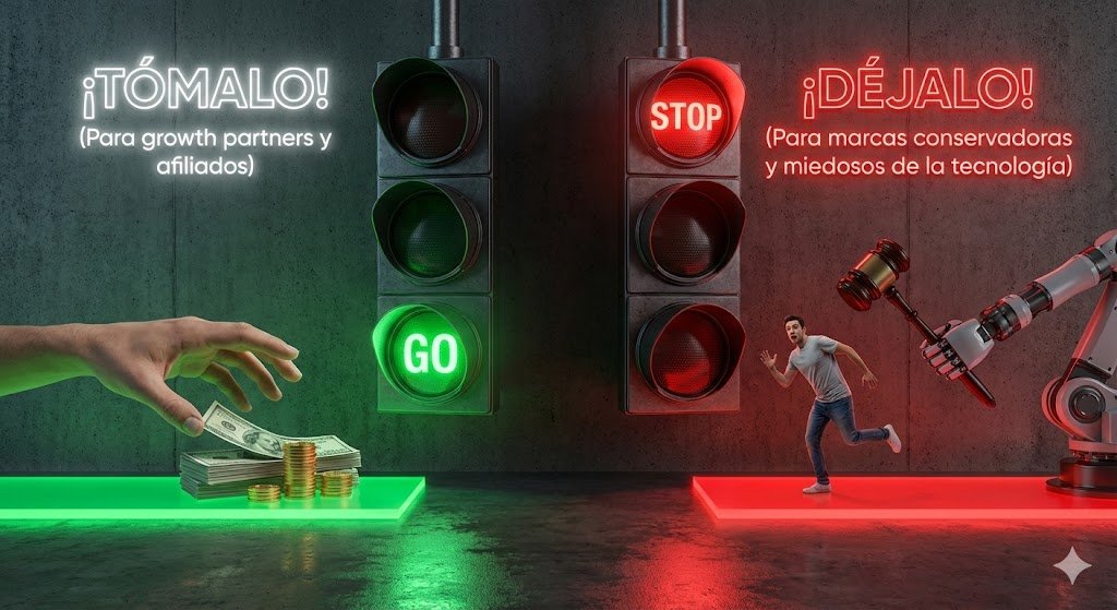 insta-leads-alex-just-opinion-semaforo-growth-partners-afiliados Ilustración hiperrealista y disruptiva tipo semáforo analizando Insta Leads: Muestra luz verde y rentabilidad económica para Growth Partners y afiliados profesionales, contrastada con luz roja y un mazo de 'ban' (bloqueo) para usuarios inexpertos. Representación visual de los riesgos y beneficios del ecosistema de Alex Just