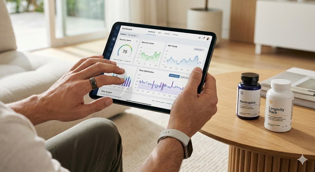 nicho-biohacking-salud-2-0-wearables-afiliados-2025 Fotografía realista de una persona revisando un panel avanzado de datos de salud (recuperación, sueño) en una tablet, usando un anillo inteligente y una pulsera de actividad. Sobre la mesa hay botes de suplementos nootrópicos y de longevidad, ilustrando el nicho de mercado de high-ticket de Biohacking y Salud 2.0 en 2025.