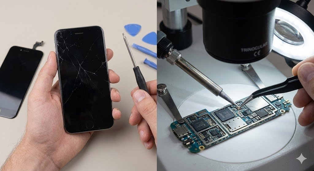 Imagen de comparación hiperrealista: a la izquierda, una pantalla rota barata y herramientas básicas; a la derecha, una reparación de microsoldadura de alta precisión en una placa base de móvil bajo un microscopio profesional