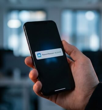 Primer plano de un smartphone mostrando una notificación de 'Pago Recibido', ilustrando cómo ganar dinero en Instagram con ingresos digitales en una oficina moderna.