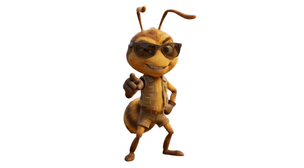 Render 3D de cuerpo completo del personaje hormiga de la película de animación Antz. Viste gafas de sol oscuras, un chaleco de explorador beige y pantalones cortos. Está de pie, apuntando con el dedo índice directamente a la cámara con una sonrisa pícara y cómplice. El fondo es transparente