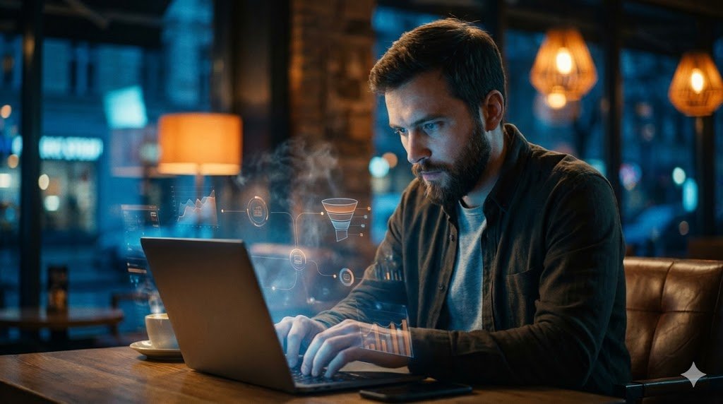 Emprendedor digital trabajando en su estrategia para ganar dinero en Instagram, visualizando un embudo de ventas y gráficos de datos holográficos en su portátil.