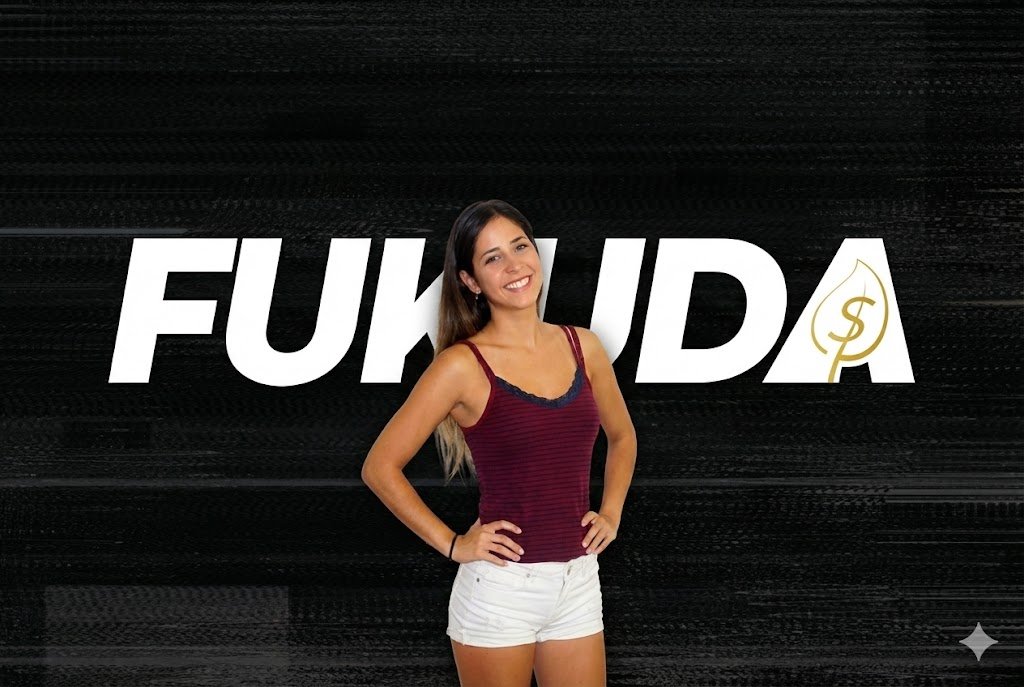 ximena-fukuda-identidad-marca-oficial-metodo-fukuda Ximena Fukuda posa sonriente y con confianza delante del logotipo oficial de su marca "FUKUDA" en letras blancas grandes con el icono de la hoja de dólar, sobre un fondo oscuro con efecto de interferencia digital, representando la identidad principal de su ecosistema de negocios.