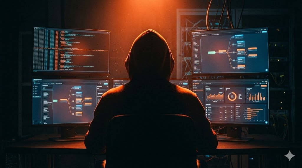 Silueta de una persona trabajando en la automatización de un negocio en Instagram, con múltiples pantallas mostrando flujos de chat marketing tipo ManyChat y análisis de datos.