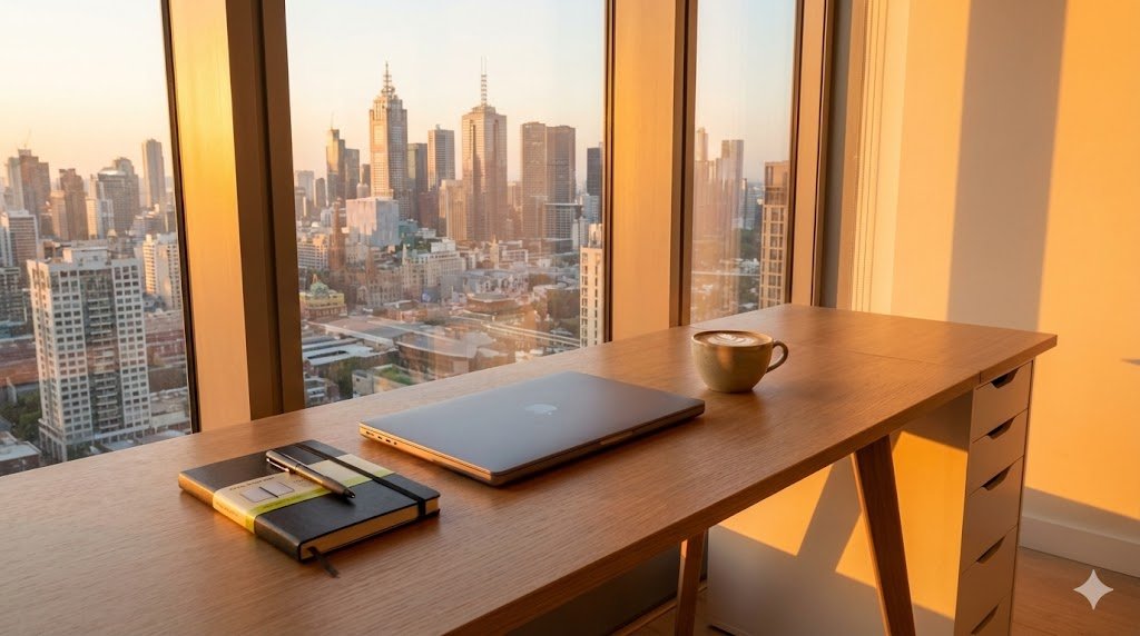 Escritorio minimalista al atardecer con un portátil cerrado y vistas a la ciudad, simbolizando la libertad financiera y el estilo de vida de éxito tras aprender a ganar dinero en Instagram.